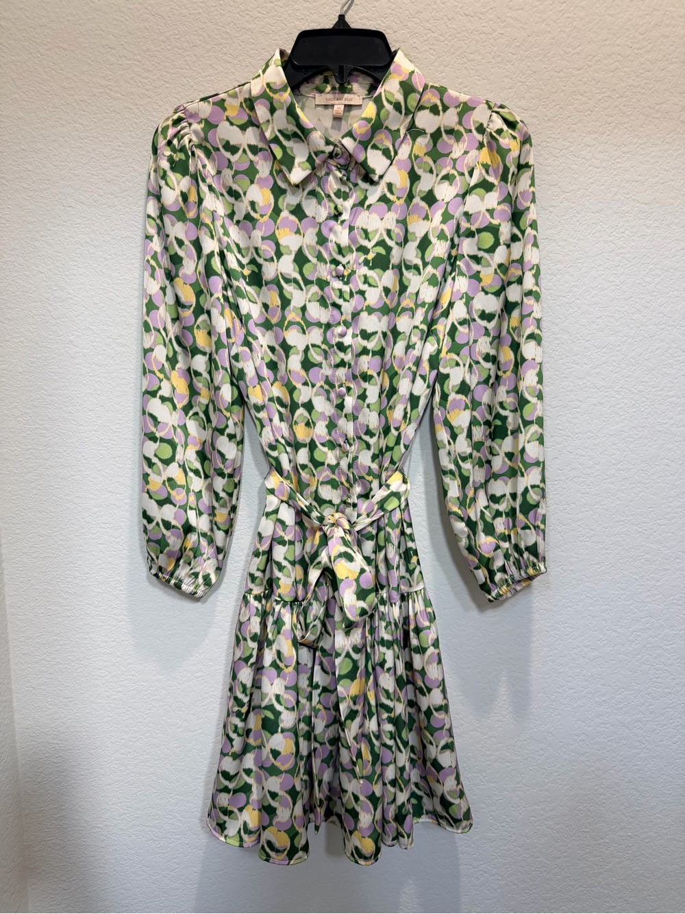 Skies Are Blue Green Lavender Floral Tie-Waist Long Sleeve Dress